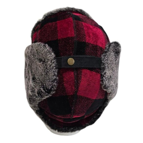 VTG Woolrich Trapper Hat Buffalo Plaid Ear Flaps Faux Fur-Lined Cap Red Black - Picture 8 of 12
